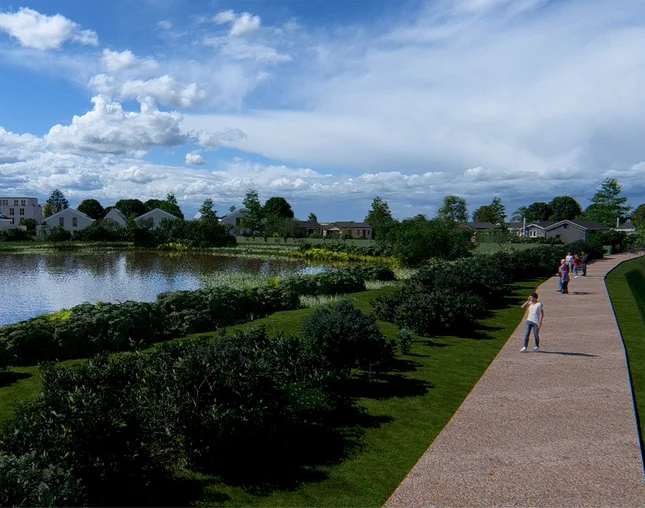 Geplante Gemeinschaftsfläche im Baugebiet Elkjär: Uferpromenade am See mit Spazierweg und Wohnhäusern im Hintergrund.