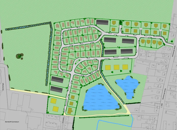 Übersichtsplan des Baugebiets Elkjär in Satrup: zeigt die Parzellierung der Baugrundstücke für Haustypen sowie die zentralen Seen- und Grünflächen.